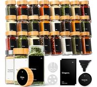 KIVY Juego de tarros de especias [24 x 120 ml] con inserto de coctelera + 240 etiquetas impermeables, recipientes cuadrados herméticos para especias (tapa de bambú)