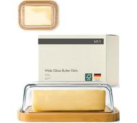 KIVY Mantequera de cristal con tapa de bambú elegante y sostenible, para mantequilla de 250 g