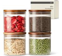 KIVY Riffel - Tarros de almacenamiento con tapa - 4 x 600 ml - pequeños tarros con tapa de acacia - Tarros de almacenamiento con tapa - Tarros de almacenamiento con tapa de madera - Tarros de