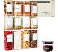 KIVY Tarros de almacenamiento rectangulares [juego de 12] + etiquetas, apilables y herméticos con tapa, tarros de almacenamiento con tapa herméticos - tarros de almacenamiento rectangulares - bambú