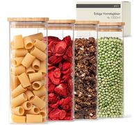 KIVY Tarros de cristal con tapa herméticos [4 x 1000 ml] tarros de cristal con tapa - Recipiente de cristal con tapa - Almacenamiento de cereales de cocina - Tarro de almacenamiento con tapa de madera