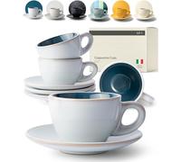 KIVY Tazas de cappuccino de pared gruesa [4 x 180 ml] - Taza de gres hecha a mano - tazas de café con platillo - tazas de café con platillo - tazas de capuchino gris azul - tazas grandes - taza de