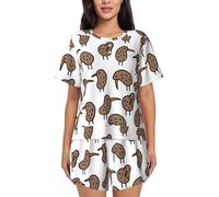 Kiwi Birds - Lindo conjunto de pijama para mujer con camiseta de manga corta y pantalones cortos para un hogar relajado, Negro, L