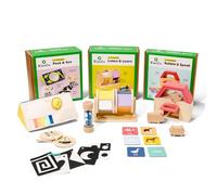 KiwiCo Paquete de aprendizaje para bebés tempranos: espejo de seguimiento visual y juego de descubrimiento auditivo, apilador de animales para desarrollo del habla, regalo de bebé de 3 piezas para