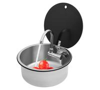 KiwiHood Fregadero de acero inoxidable con grifo plegable, 340 x 340 mm, diseño redondo, para caravanas, yates y cocinas pequeñas, con accesorios y cubierta de cristal