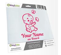 Kiwistar - Adhesivo para bebé, color rosa neón, diseño de mariposas de bebé, con texto personalizado + Baby on Board de 15 cm - para coche, moto, tuning - pegatinas personalizadas