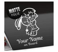 Kiwistar - Adhesivo para coche Baby on Board - Alfombra blanca - Conejita - Personalizado individualmente con el texto deseado + a bordo 20 cm - Calcomanía para bicicleta, vehículo, camión, SUV