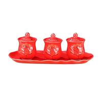 KIXZSAZ Copa de loto con relieve para Buda Guanyin con tapa, conjunto de tres piezas, artículos budistas de cerámica para templo, cuenco ritual para, rojo