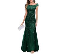 KIYNE Vestido de tul con lentejuelas para mujer, vestido formal de sirena de manga larga para invitada de boda, Verde esmeralda., 38