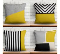 KIZIFI Fundas De Cojines 40x40 cm Raya Blanca Fundas Cojines Modernas Lino Juego de 4 Negro Amarillo Funda Cojine Exterior Funda DE Almohada Cuadrado para Dormitorio, Sofá, Silla, Cama