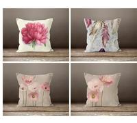 KIZIFI Fundas de Cojines 45x45 cm Juego de 4 Flor Rosa Fundas Cojines Lino Pluma Funda de Cojín Exterior Decorativo Cuadrado Funda de Almohada para Sofá, Sala de Estar, Sofás