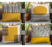 KIZIFI Fundas De Cojines 45x45 cm Raya Fundas Cojines Modernas Lino Juego de 4 Negro Amarillo Funda Cojine Exterior Funda DE Almohada Cuadrado para Dormitorio, Sofá, Silla, Cama