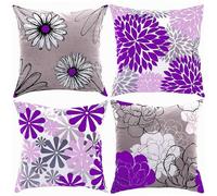 KIZIFI Juego de 4 Fundas Cojines Exterior Impermeable 45x45 cm Flores Funda de Cojín Decorativo Cuadrado Gris Púrpura Fundas de Cojines Lino con Cremallera Oculta para Jardín Sofá Salón Terraza Cama