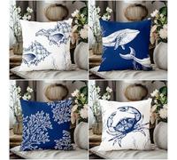 KIZIFI Juego de 4 Fundas de Cojín Exteriores Impermeable 40x40 cm Ballena Fundas Cojines Lino Azul Blanco Fundas de Almohada Fundas de Cojín Cuadradas para Sofá Patio Jardín Dormitorio Silla Cama
