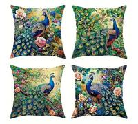 KIZIFI Juego de 4 Fundas de Cojín Exteriores Impermeable 40x40cm Animales Pavos Reales Fundas Cojines Lino Flores Rosas Fundas de Almohada Fundas de Cojín Cuadradas para Sofá Patio Jardín Silla Cama