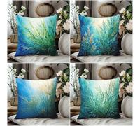 KIZIFI Juego de 4 Fundas de Cojín Exteriores Impermeable 60x60 cm Plantas Verdes Fundas Cojines Lino Azul Fundas de Almohada Fundas de Cojín Cuadradas para Sofá Patio Jardín Dormitorio Silla Cama