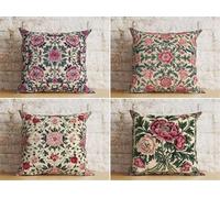 KIZIFI Juego de 4 Fundas de Cojín Exteriores Impermeable 65x65 cm Flores Rosas Fundas Cojines Lino Rojo Verde Fundas de Almohada Fundas de Cojín Cuadradas para Sofá Patio Jardín Dormitorio Silla Cama