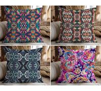 KIZIFI Juego de 4 Fundas de Cojín Exteriores Impermeable 70x70 cm Estilo Étnico Fundas Cojines Lino Azul Rosa Fundas de Almohada Fundas de Cojín Cuadradas para Sofá Patio Jardín Dormitorio Silla Cama