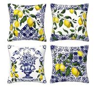 KIZIFI Juego de 4 Fundas de Cojín Exteriores Impermeable 70x70 cm Frutas Fundas Cojines Lino Amarillo Azul Fundas de Almohada Fundas de Cojín Cuadradas para Sofá Patio Jardín Dormitorio Silla Cama