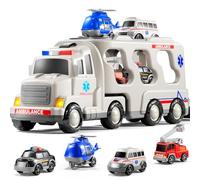 KIZONLY - Juego de juguetes para camiones de ambulancia para niños pequeños de 1 a 3 a 5 años, juego de camiones portadores con coches de juguete, luz y sonido, juguetes de aprendizaje urbano para