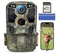 KJK Cámara de caza con aplicación de transmisión de teléfono móvil, 4K 64MP HD Wi-Fi Bluetooth con sensor de movimiento, visión nocturna, tarjeta de memoria 64GB, disparador 0.1s, cámara