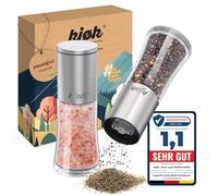 kjøk Premium Molinillo de sal y pimienta de acero inoxidable cepillado, vidrio y libre de BPA - 2x molinillos con mecanismo de cerámica ajustable para especias secas - sin contenido