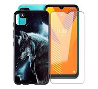 KJYF Carcasa protectora negra de TPU + protector de pantalla de cristal templado para Wiko Y62 Plus (6,1 pulgadas), protector de pantalla + carcasa de silicona - Lobo