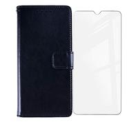 KJYF Funda para Alcatel 5X 5061 (6.52"), Silicone Case + Cristal Templado Protectores Definicion Alta Protector Pantalla, Soporte Plegable PU Cuero Flip Cover Prueba de Arañazos Caso - Black