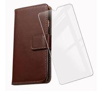 KJYF Funda para Gigaset GS5 Lite (6.3"), Silicone Case + Cristal Templado Protectores Definicion Alta Protector Pantalla, Soporte Plegable PU Cuero Flip Cover Prueba de Arañazos Caso - Brown