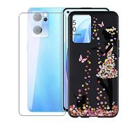 KJYF para OPPO Reno7 CPH2371 Funda + Cristal Templado, Case Caso Negro Suave Silicona Cover TPU Carcasa Vidrio Templado Protector para OPPO Reno7 CPH2371 (6.43") - Niña