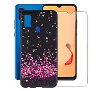KJYF para ZTE Blade A51 Funda + Cristal Templado, Case Caso Negro Suave Silicona Cover TPU Carcasa Vidrio Templado Protector para ZTE Blade A51 (6.52") - Corazon Rojo