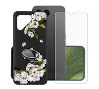 KJYFOANI para Fairphone 6 Funda + 1 Piezas Vidrio Templado Película Protectora, Negro Ultra-Fina Suave TPU Bumper Carcasa con Soporte Móvil Anillo para Fairphone 6 (6.31") - Flor de Pera