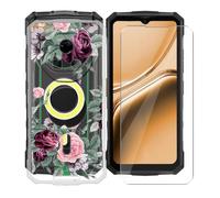 KJYFOANI Vidrio Templado+Funda para Doogee Fire 7 Pro Cover (6.56")- Protector de Pantalla Cristal, Clear Suave Silicona TPU Case Anti-Arañazos, Antigolpes Bumper Carcasa -Rosas