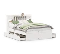 KKgypkn Cama de madera maciza con estante sin colchón, color blanco, 140 x 190 cm, somier de láminas de pino y cajón inferior de la cama para un almacenamiento óptimo y encanto rústico