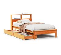 KKgypkn Cama de madera maciza con estante sin colchón, color marrón cera, 100 x 200 cm, incluye somier y cajón inferior para una comodidad y almacenamiento óptimos para dormir