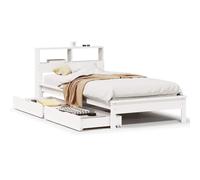 KKgypkn Cama de madera maciza con estantería integrada y somier de listones, madera de pino, 75 x 190 cm, blanca, sin colchón, con práctico cajón inferior