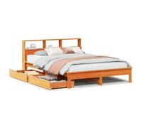 KKgypkn Cama de madera maciza con estantería y somier sin colchón, en color marrón cera, 160 x 200 cm, con cajón inferior, 4 ruedas para un fácil manejo, marco estable de madera de pino