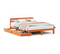 KKgypkn Cama de madera maciza sin colchón, color marrón cera, 150 x 200 cm, madera de pino con somier y cajón inferior de la cama para una comodidad óptima y espacio de almacenamiento