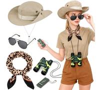 Kkluno 5 Piezas Disfraz de Safari Mujer Hombre - Accesorios Disfraz Explorador con Sombrero de Safari Binoculares Gafas de Sol Telescópicas Pañuelo para el Cuello Silbato Salvavidas