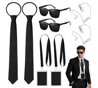 Kkluno 8 Piezas Disfraz Agente Secreto - Accesorios Disfraz de Espia con Gafas de Sol Negras Cremallera Corbata Tarjeta de Identificación y Tarjetero para Carnaval Cosplay