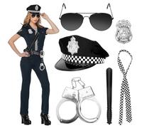 Kkluno Disfraz Policía Mujer Hombre - Disfraz de Policia con Sombrero de Policía Esposas Placa Policial Gafas Negras Adultos para Carnaval Policía Conjunto de Accesorios de Disfraz para El Agente Swat