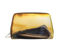 KKLWEGU River Sunset - Bolsa de maquillaje de cuero impermeable con diseño de barco de madera, organizador pequeño con cremallera, bolsa portátil de viaje para mujeres y niñas, Gold, Talla única