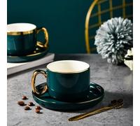 KKRANG Juego de Taza de café de cerámica, Taza de té y platillo con Borde Dorado, Taza de café y Leche de Porcelana Verde, 200 ml