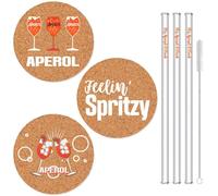 KKSJK Aperol Spritz Decoracion con 3 Posavasos Originales Aperol y 3 Pajitas de Cristal, Accesorios de Decoración para Cócteles para Hogar Oficina Bares Pubs Restaurantes, Reutilizables (Corcho)