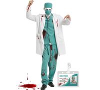 KKSJK Disfraz Zombie Médico Hombres, 8 Piezas Disfraz Cirujano Miedo con Bata de Doctor, Doctor Sombrero, Máscara, Top, Pantalones y Estetoscopio, Disfraces Halloween Adulto Hombre Cosplay (Verde, XL)