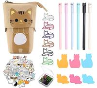 KKSJK Estuche Niños Kit, 1 Gato 2 en 1 Portalapices/Estuche, 1 Bolígrafo de 10 Colores, 30 Clips Oficina, Sticky Notes, 50 Gatos Pegatinas, Regalos para Niñas