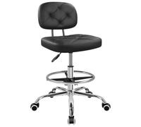 KKTONER Taburete de dibujo con respaldo rodante con reposapiés con ruedas, altura ajustable, sillas de piel sintética para tocador de oficina (negro)