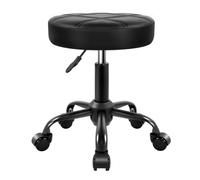 KKTONER Taburete Ruedas de Cuero PU - Altura Ajustable 50-65 cm, Asiento Redondo Giratorio 360°, Silla para Salón, SPA, Masaje, Cocina u Oficina - Negro