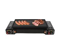 KKVUIIFF - Hornillo de gas portátil de 2 quemadores para camping, con bandeja de barbacoa y maletín de almacenamiento, 63 x 26 x 12 cm para butano o LPG, para camping, viajes, etc