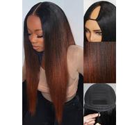 KLAIYI Yaki - Peluca de cabello humano lacio con parte en V degradado, color marrón rojizo, con raíces oscuras, sin dejar fuera, con cordón, clip en la mitad, sin pegamento, 30S, lista para usar y